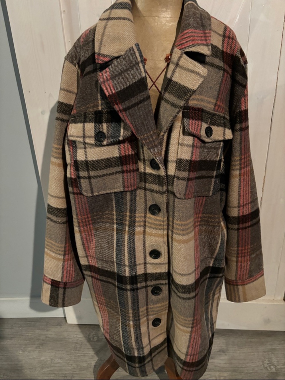 Tribal Jeans Plaid Shacket in Beige, Brown & Pink